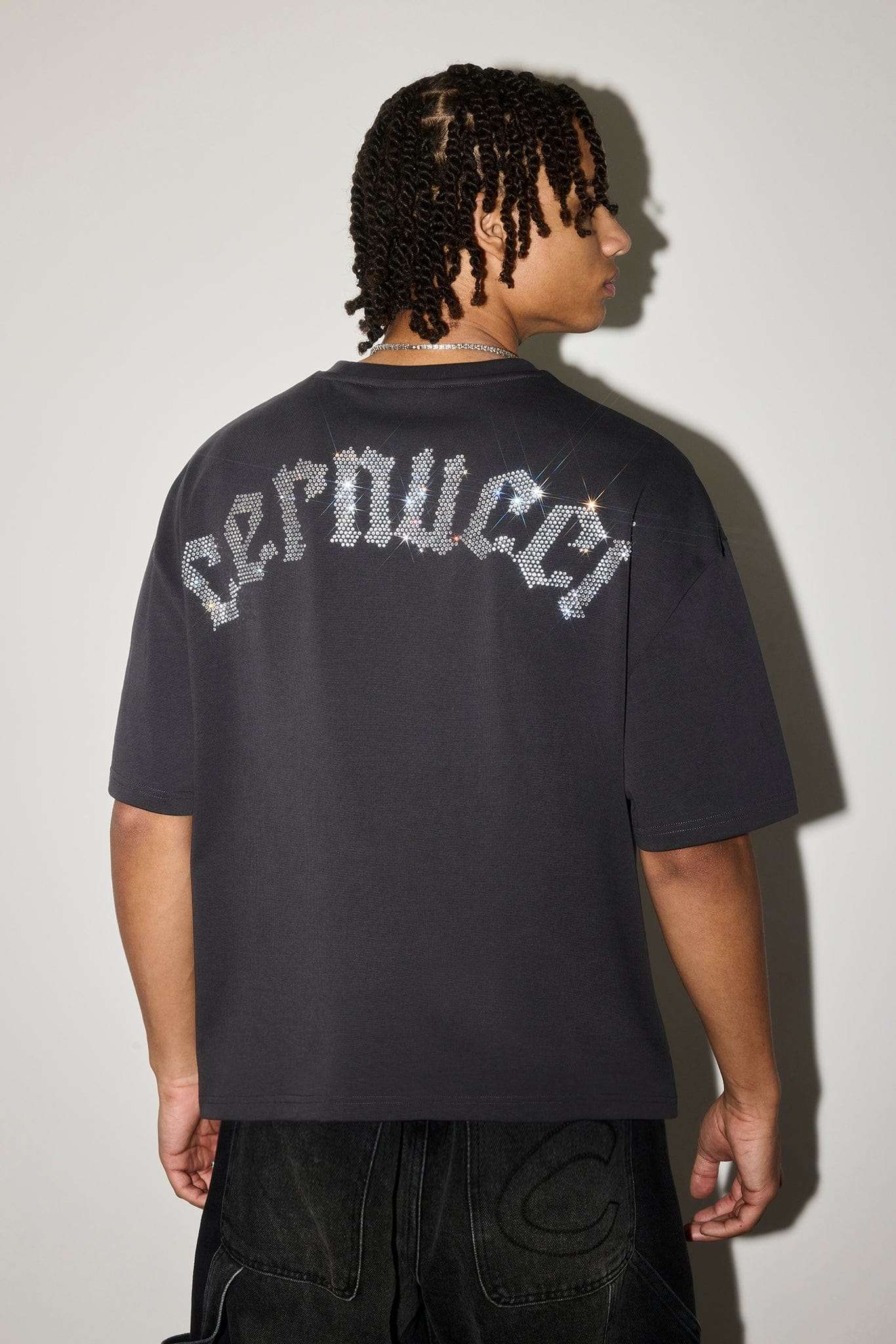 Cernucci Boxy Rhinestone Logo T-Shirt - Charcoal - Image 2