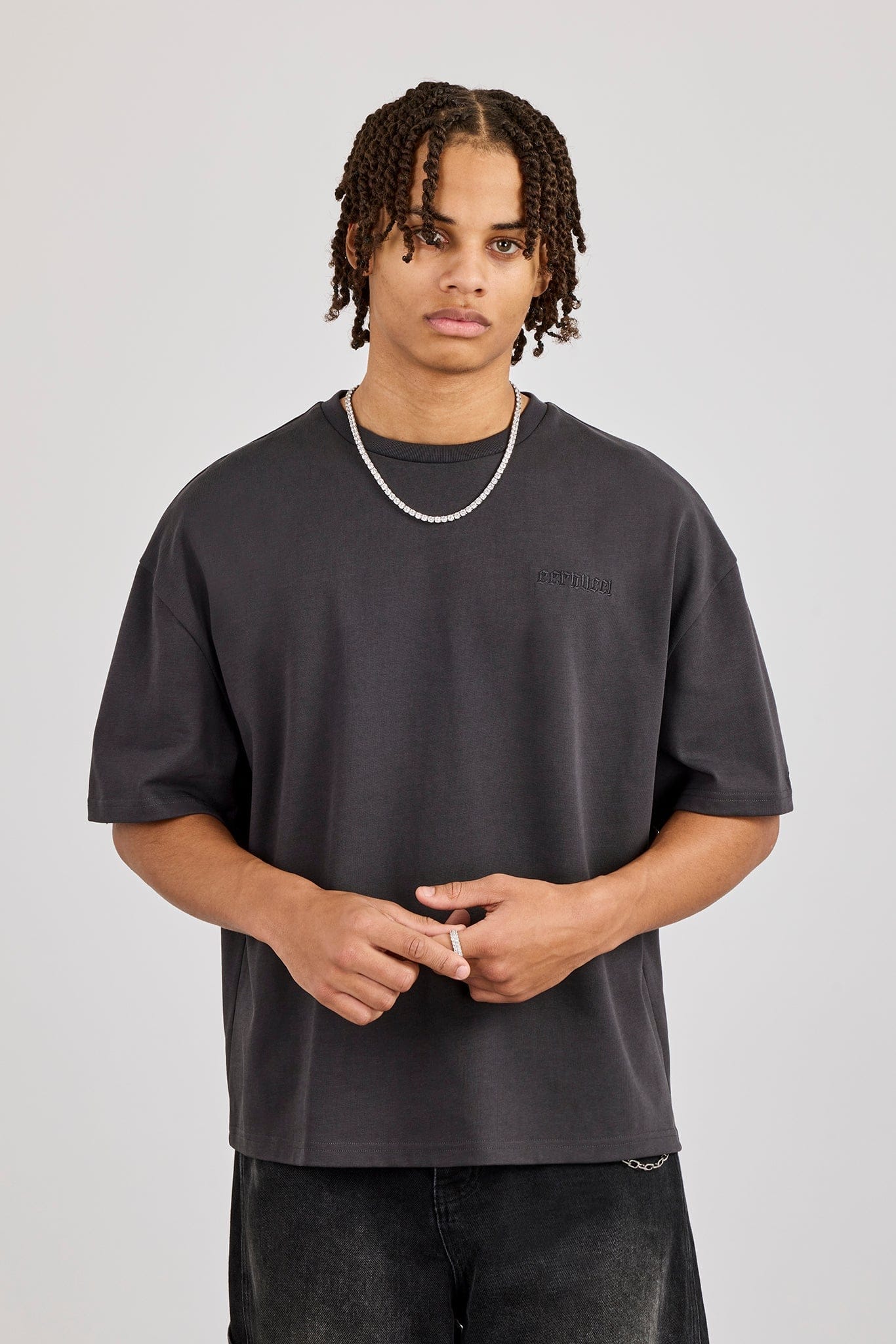Cernucci Boxy Rhinestone Logo T-Shirt - Charcoal - Image 3