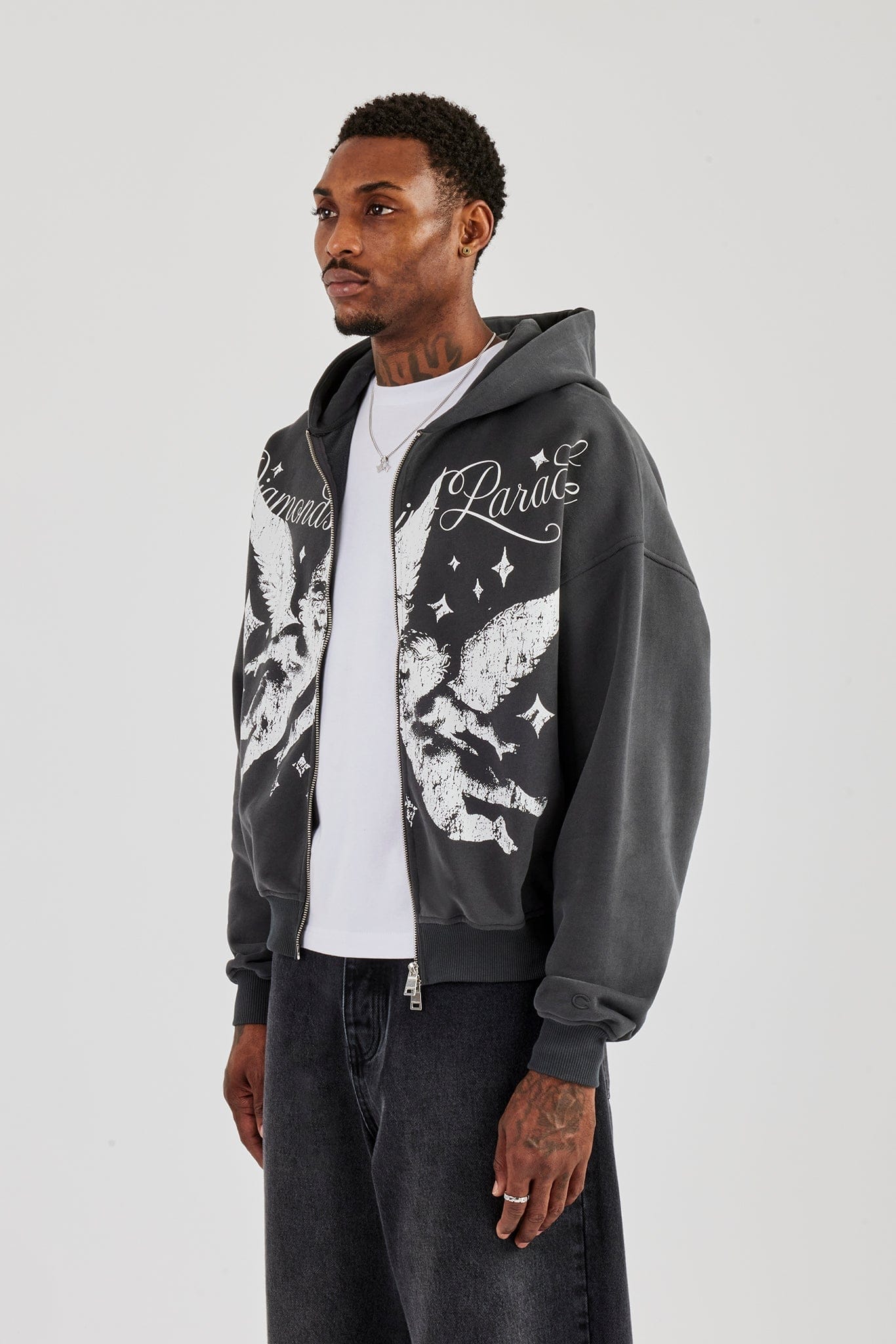 Cernucci Diamonds In Paradise Printed Boxy Zip Hoodie - Charcoal - Image 2