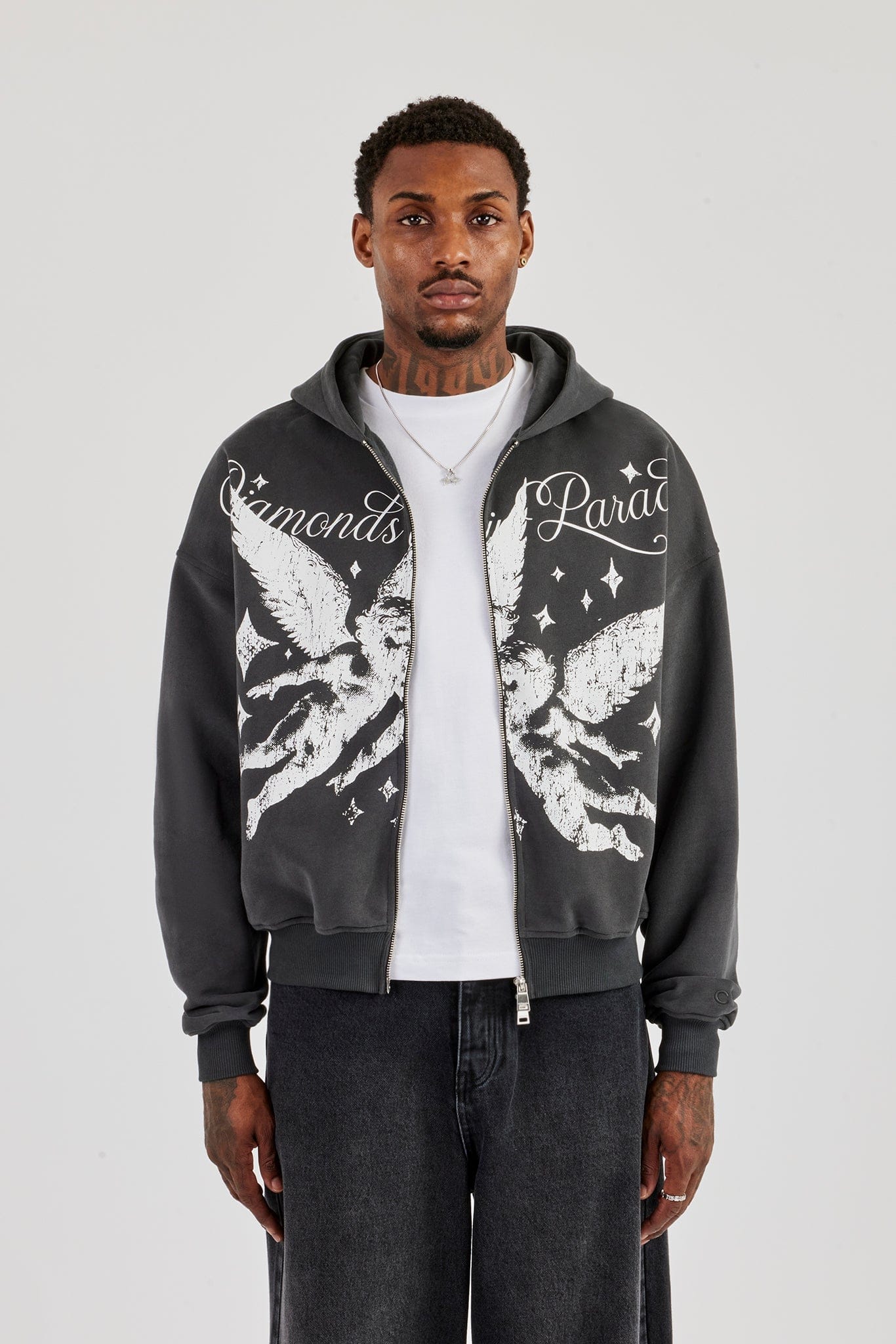 Cernucci Diamonds In Paradise Printed Boxy Zip Hoodie - Charcoal - Image 4