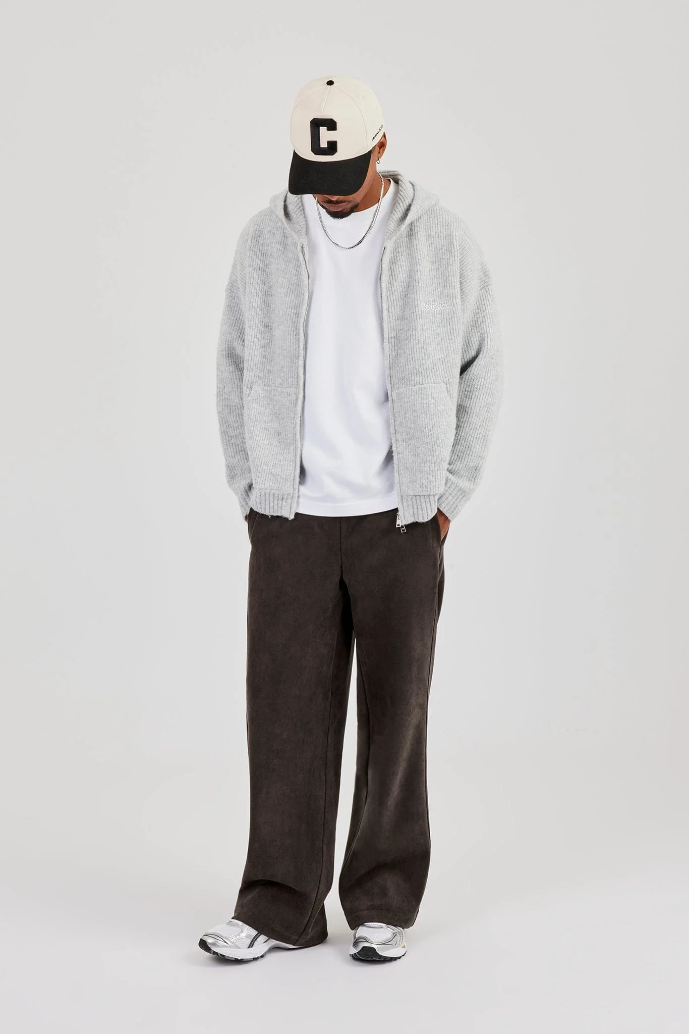 Cernucci Embroidered Knitted Zip Hoodie - Light Grey - Image 2
