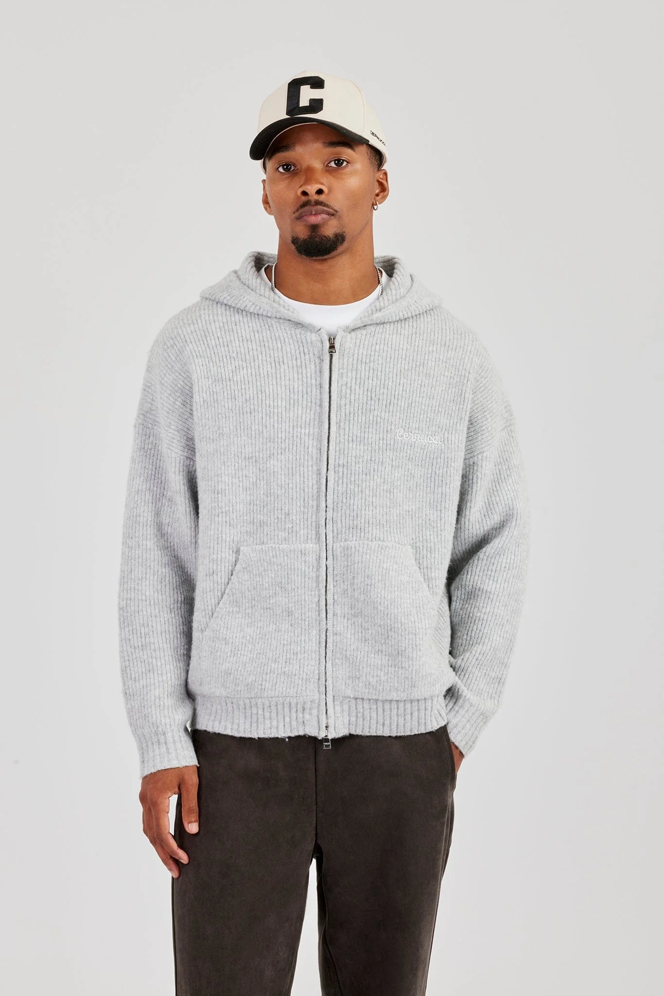 Cernucci Embroidered Knitted Zip Hoodie - Light Grey - Image 3