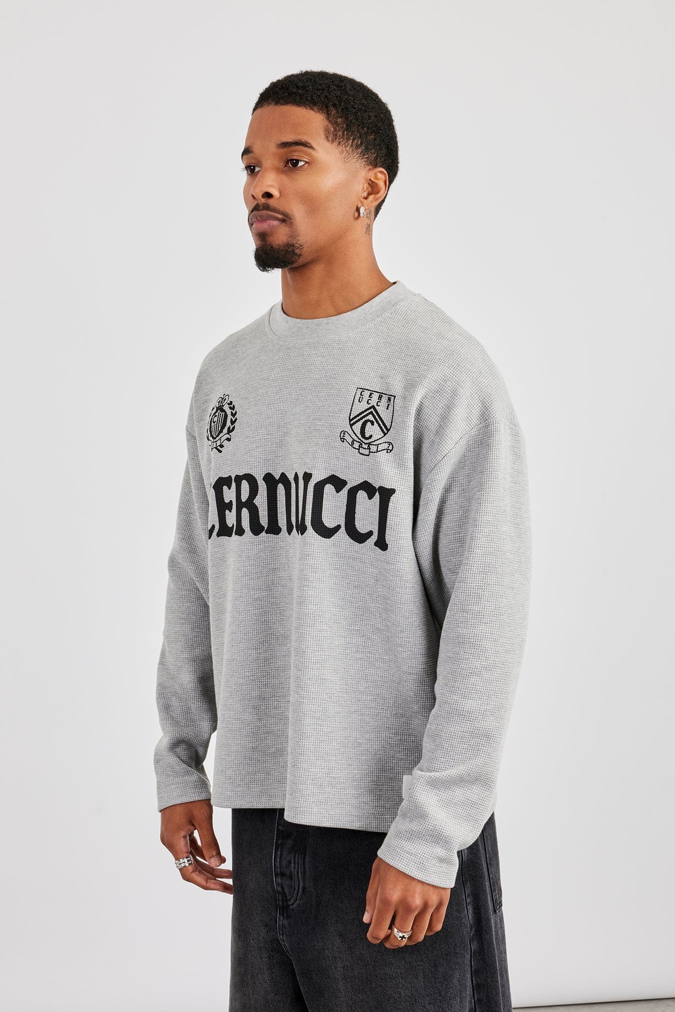 Cernucci Long Sleeve Waffle Print T-Shirt - Grey - Image 2