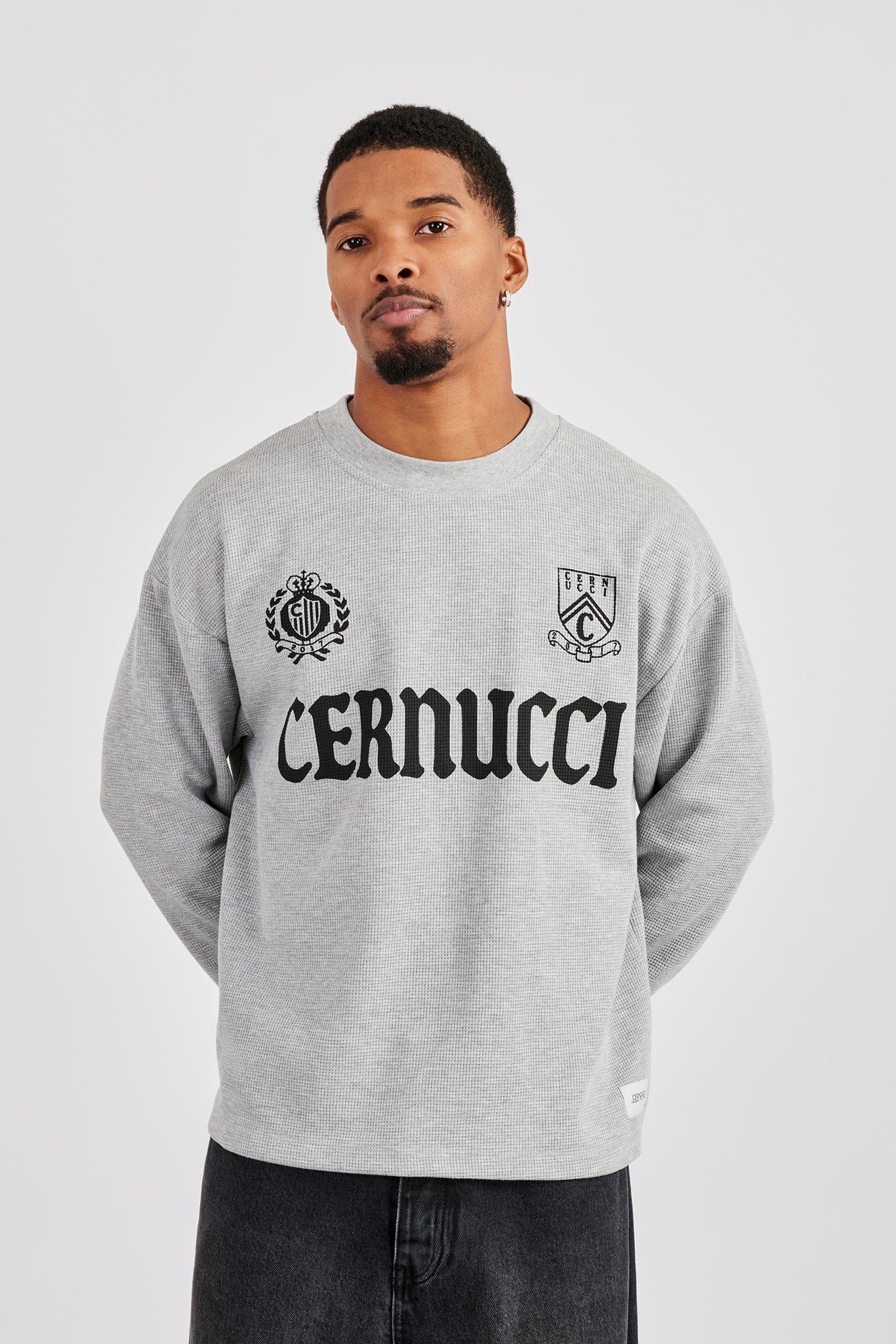 Cernucci Long Sleeve Waffle Print T-Shirt - Grey - Image 3