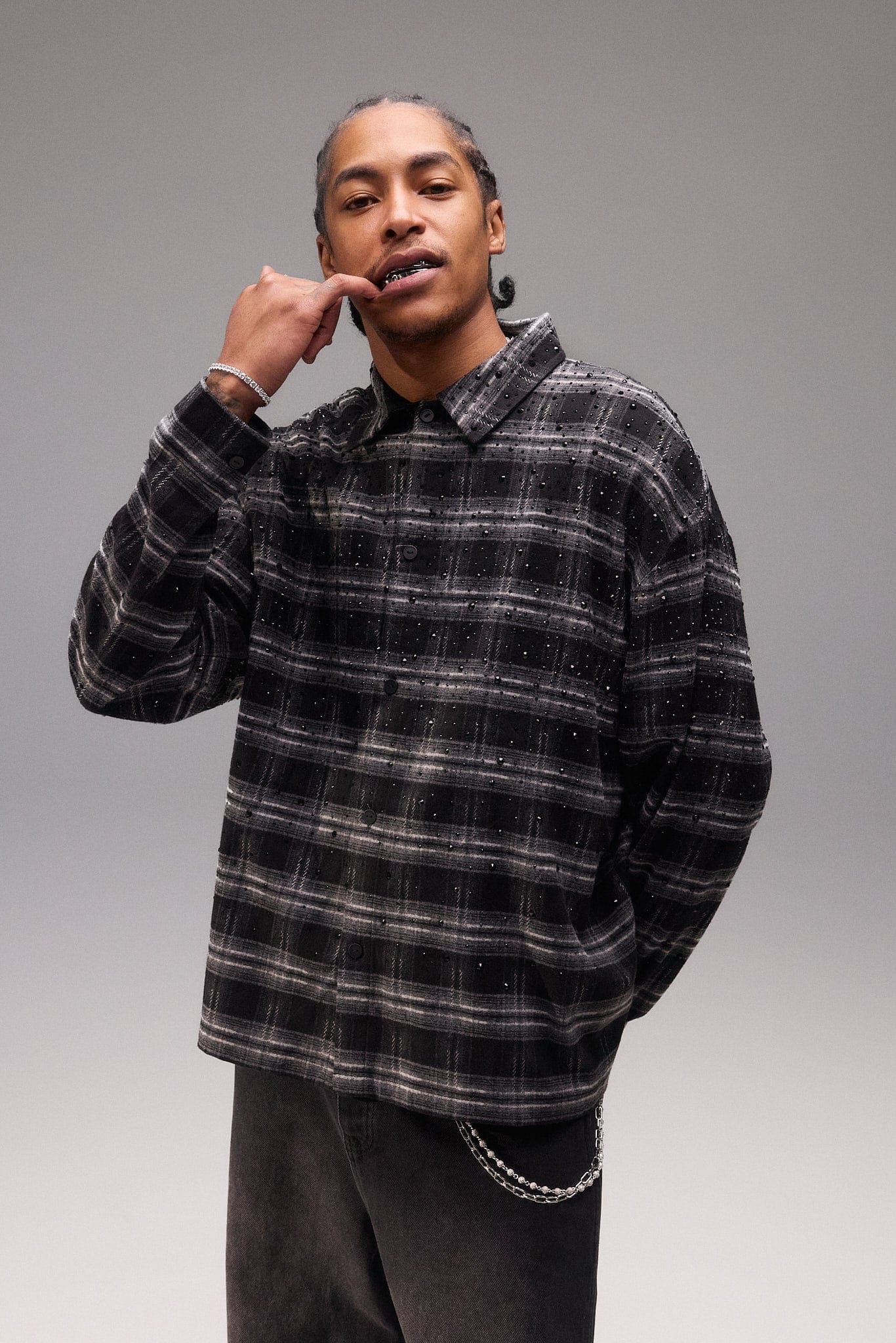 Cernucci Rhinestone Check Shirt - Black - Image 2