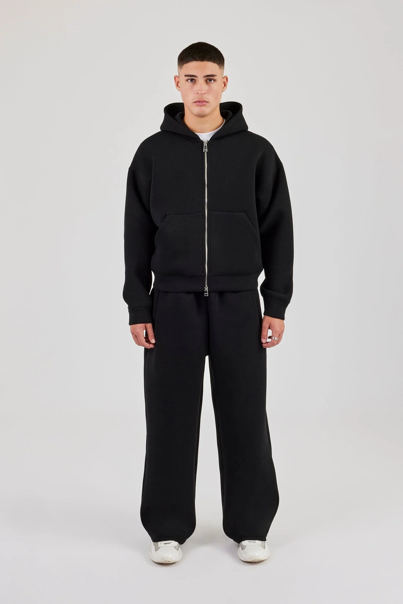 Cernucci Scuba Zip Through Boxy Hoodie & Baggy Fit Trouser - Black - Image 3