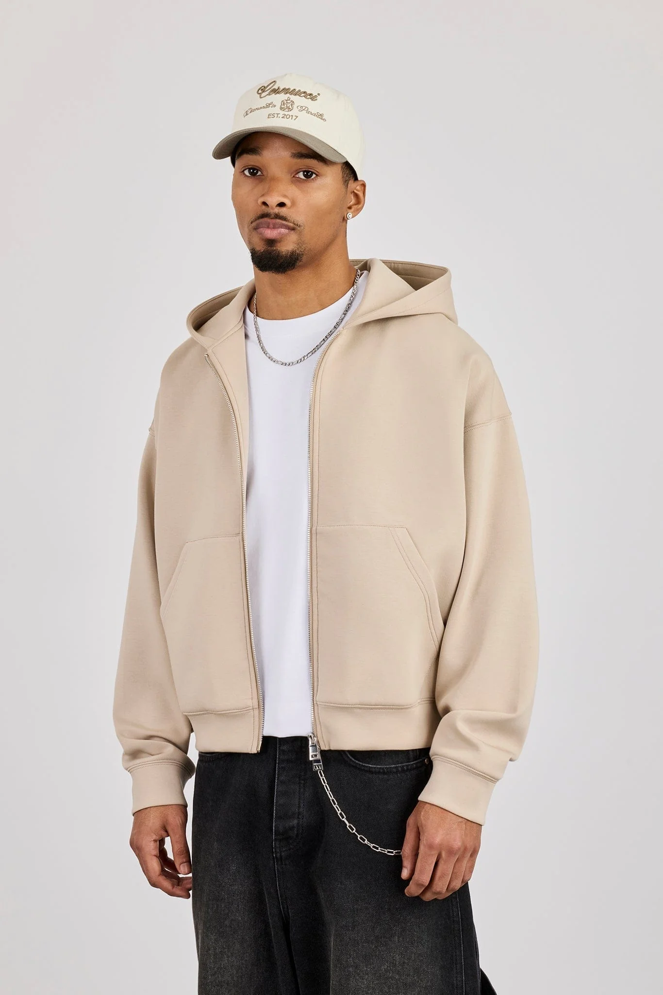 Cernucci Scuba Zip Through Boxy Hoodie - Stone - Image 3