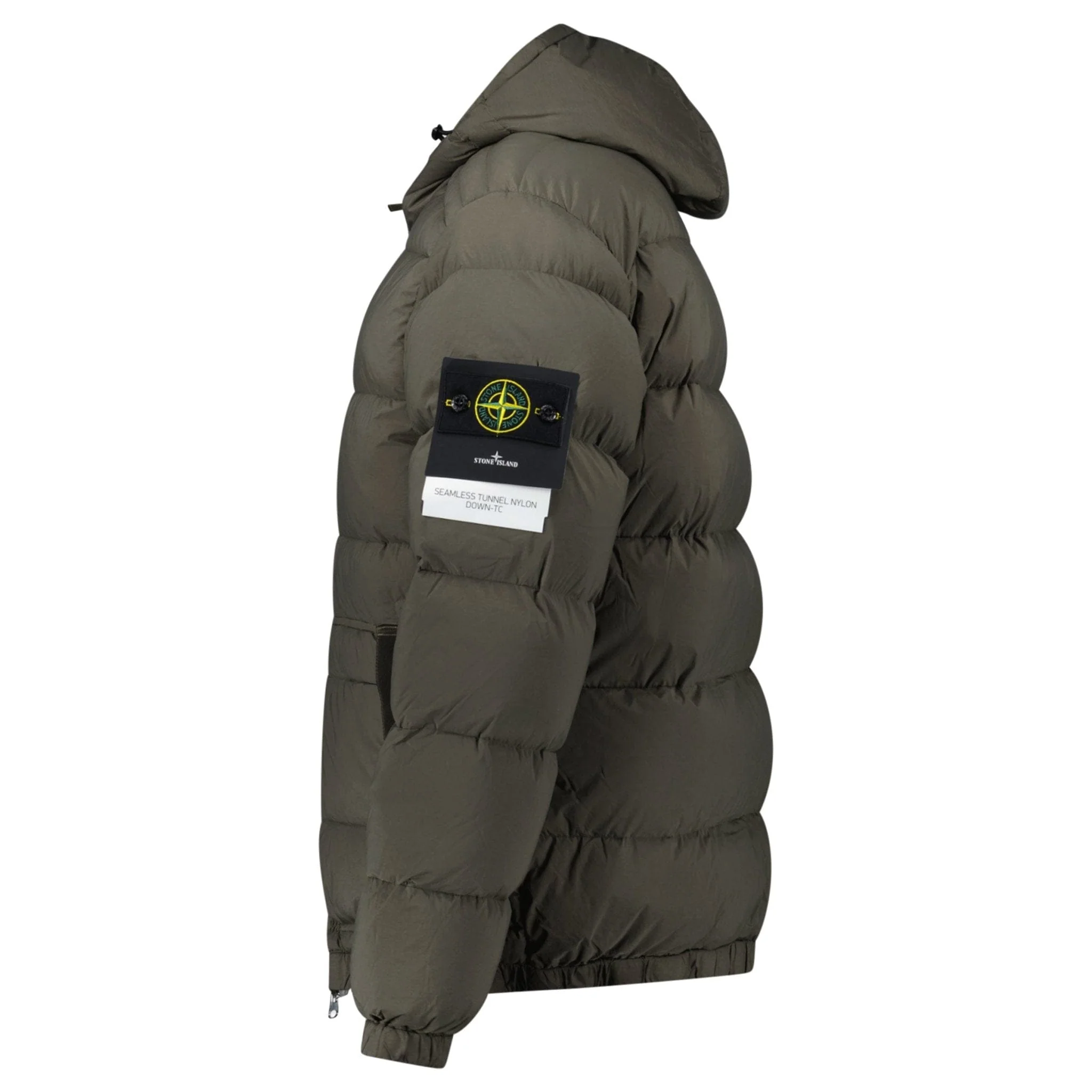 Stone Island Hooded Down Jacket with Seamless Feather Tunnels in Military Green - Image 2