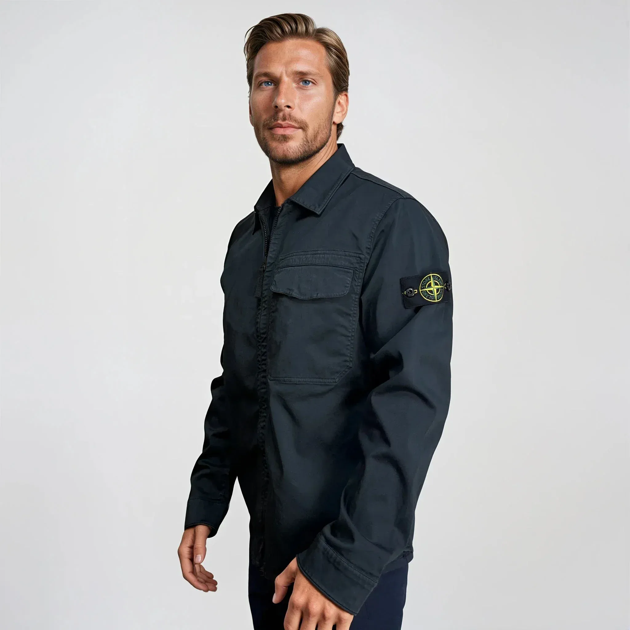 Stone Island Stretch Organic Cotton Satin Overshirt in Navy - Image 2