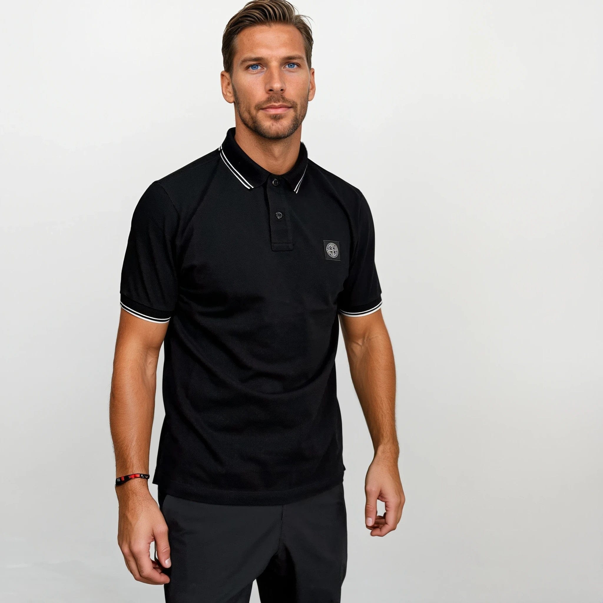 Stone Island Stripe Collar Polo T-Shirt Slim Fit Black - Image 2