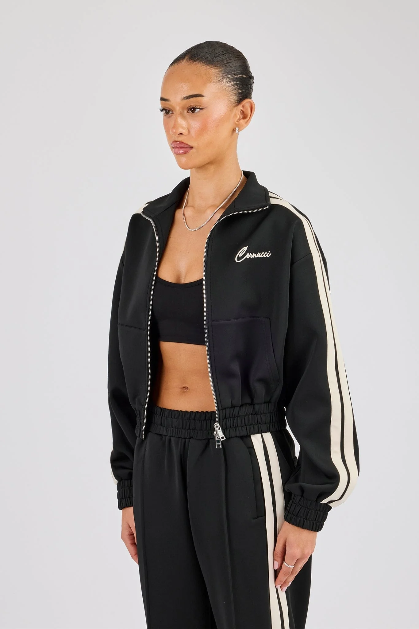 Cernucci Taping Cropped Funnel Neck Jacket - Black - Image 2