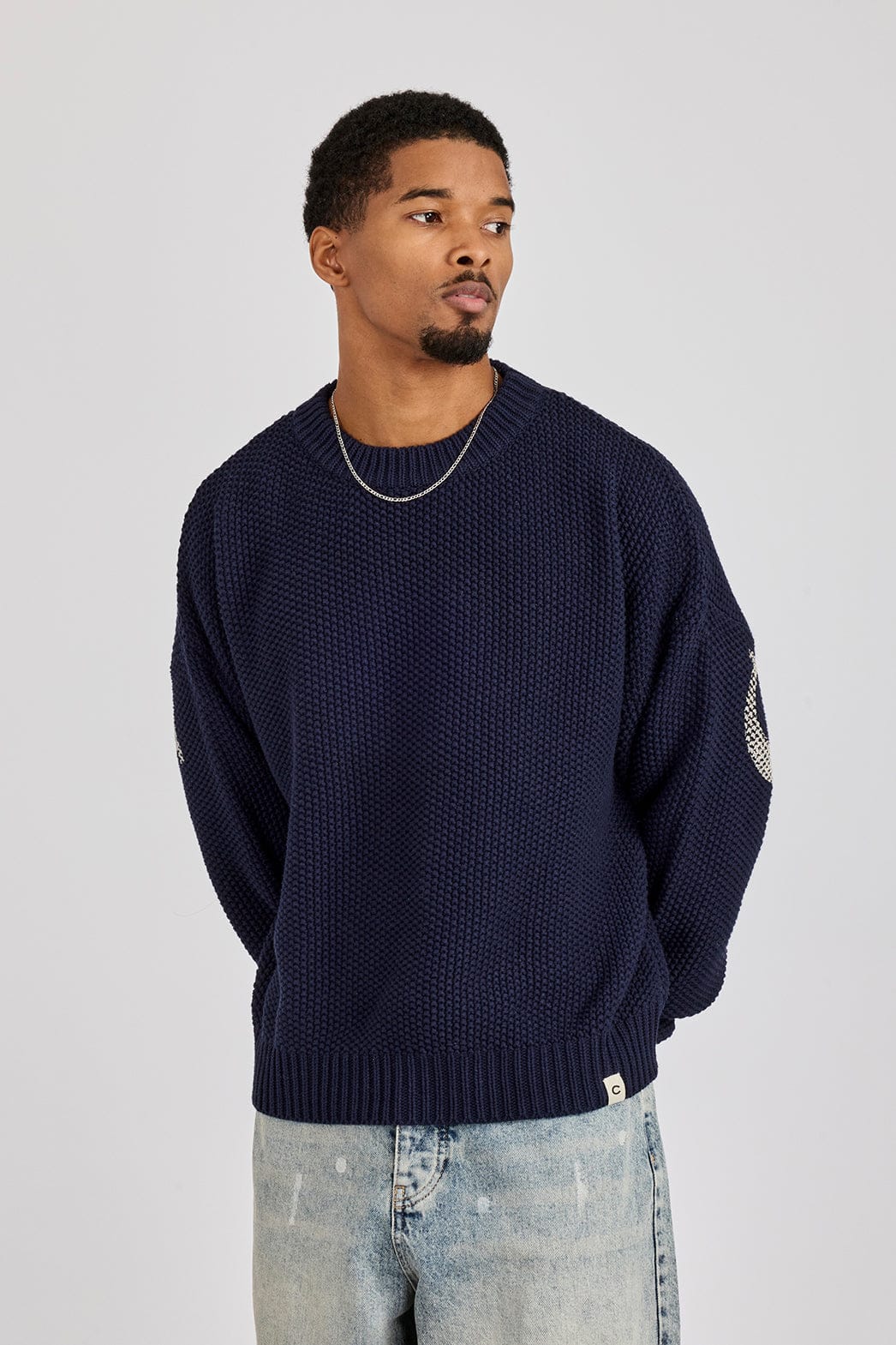 Cernucci Textured Knit Printed Sweatshirt - Navy Blue - Image 3