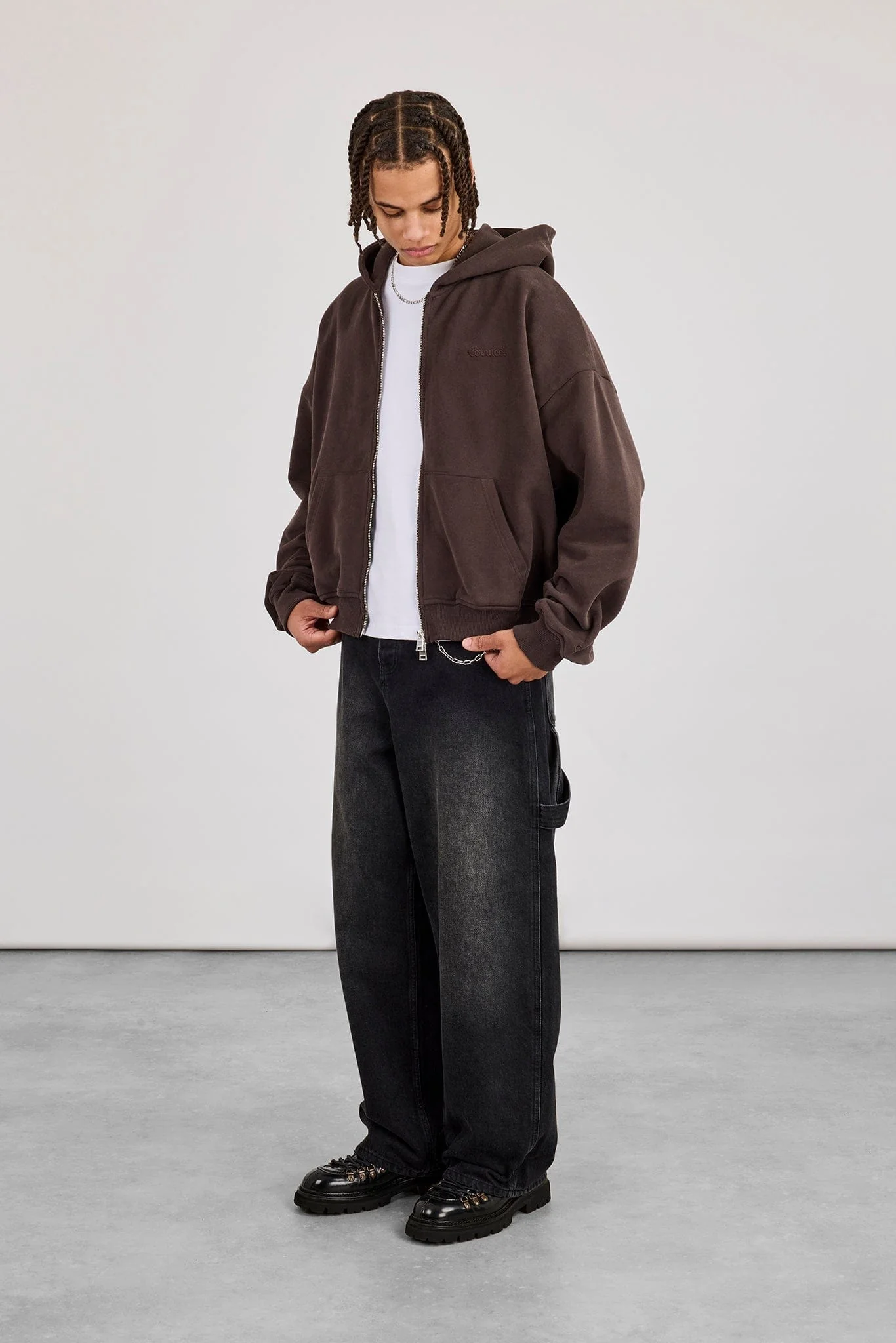 Cernucci Zip Through Boxy Hoodie - Coffee - Image 3